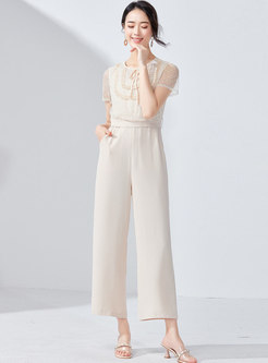 Brief Lace Mesh Splicing Tied Apricot High Waist Jumpsuit