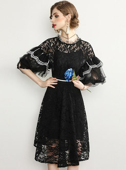 Solid Color Lace Mesh Puff Sleeve Skater Dress