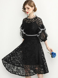 Solid Color Lace Mesh Puff Sleeve Skater Dress