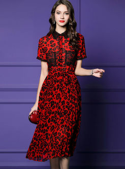 Lapel Short Sleeve Leopard High Waist Dress