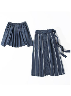 Denim Slash Neck Top & Striped Tie-waist Skirt