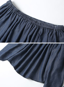 Denim Slash Neck Top & Striped Tie-waist Skirt