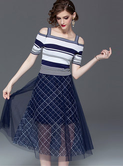Striped Off Shoulder Knitted Top & Plaid Mesh Skirt