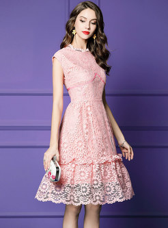 Sweet Pink Lace High Waist A Line Dress