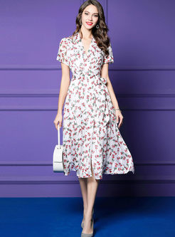 Trendy V-neck Short Sleeve High Waist Print Dress
