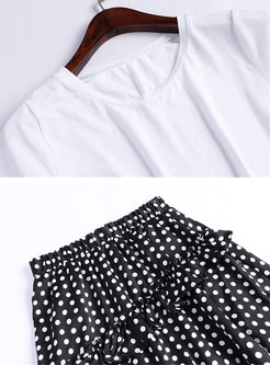 Casual O-neck Tie T-shirt & Polka Dot Falbala Skirt