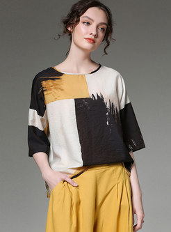 Casual Color-blocked O-neck Loose T-shirt