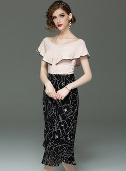 O-neck Falbala Slim Top & Print High Waist Skirt