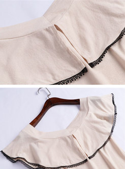 O-neck Falbala Slim Top & Print High Waist Skirt