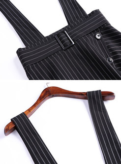 Letter Embroidered Slash Neck Top & Striped Suspender Skirt