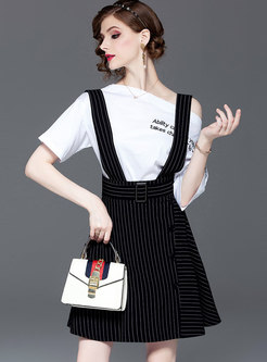 Letter Embroidered Slash Neck Top & Striped Suspender Skirt