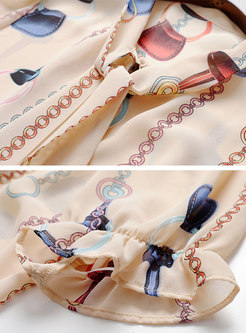Print Tie-collar Flare Sleeve Top & Pleated Skirt