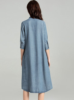 Stand Collar Single-breasted Loose Denim Dress