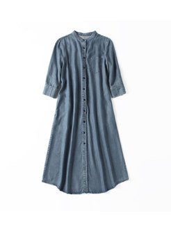 Stand Collar Single-breasted Loose Denim Dress