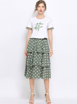 Pullover Lace Splicing T-shirt & Polka Dot Skirt