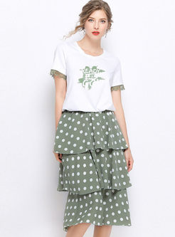 Pullover Lace Splicing T-shirt & Polka Dot Skirt