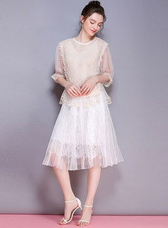 Hight Waisted Lace Patchwork Pleated Skirt
