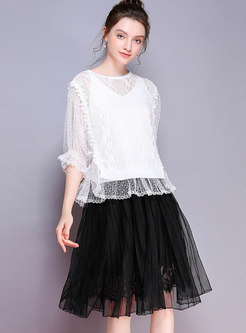 Chic Lace Splicing Elastic Waist Pleated Skirt