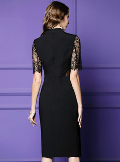 Lace Splicing Bowknot Split Black Sheath Dress