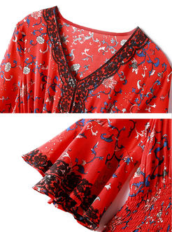 V-neck Flare Sleeve Print Silk Slit Dress