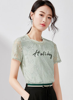 Brief Letter Embroidered Hollow Out T-shirt