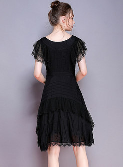 Asymmetric Falbala Lace Splicing Black Skater Dress