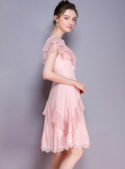 Fashion Falbala Lace Splicing Pink Skater Dress
