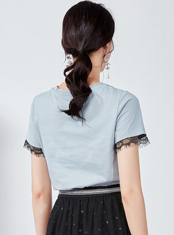 Brief Stereoscopic Flower Lace Splicing T-shirt 