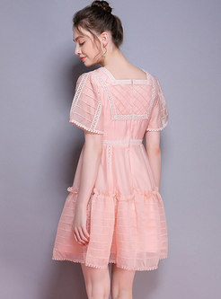 Square Neck Hollow Out Pink Gathered Waist Skater Dress