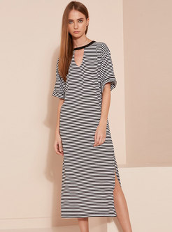 Striped Hollow Out Side-slit Bodycon Dress