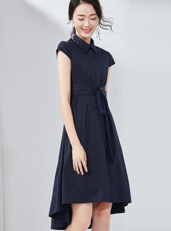Solid Color Lapel Tie-waist Asymmetric Dress