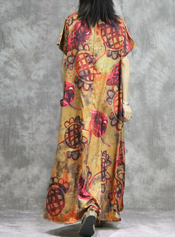 Vintage Print V-neck Asymmetric Loose Maxi Dress