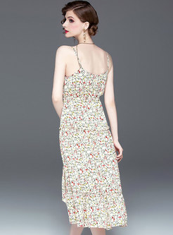 Chic Floral V-neck Tie-waist Asymmetric Slip Dress