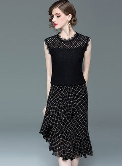 Fashion Lace Sleeveless Top & Plaid Falbala Skirt