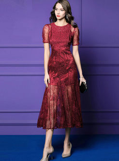 Elegant O-neck High Waist Lace Maxi Dress