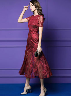 Elegant O-neck High Waist Lace Maxi Dress