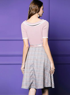 Lapel Slim Knitted T-shirt & Plaid A Line Skirt