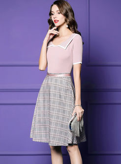 Lapel Slim Knitted T-shirt & Plaid A Line Skirt