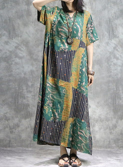 Color-blocked V-neck Print Short Sleeve Maxi Dress