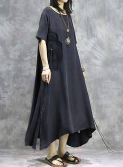 Vintage Embroidered O-neck Asymmetric Maxi Dress