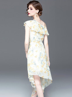 Chic Print V-neck Off Shoulder Asymmetric Dress
