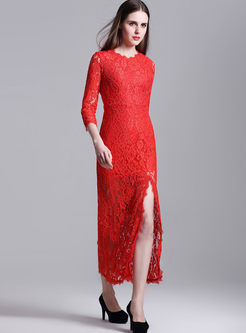 Elegant Solid Color Lace Slit Hollow Out Dress