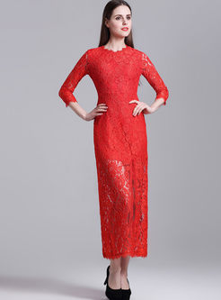 Elegant Solid Color Lace Slit Hollow Out Dress