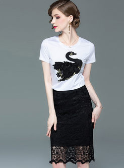 Casual O-neck Pullover T-shirt & Slim Skirt