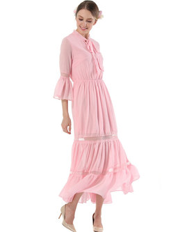 Vintage O-neck Big Hem Pink Chiffon Maxi Dress