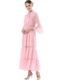 Vintage O-neck Big Hem Pink Chiffon Maxi Dress