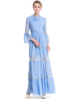 Vintage O-neck Big Hem Sky Blue Chiffon Maxi Dress