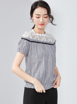 Striped Lace Splicing Loose T-shirt