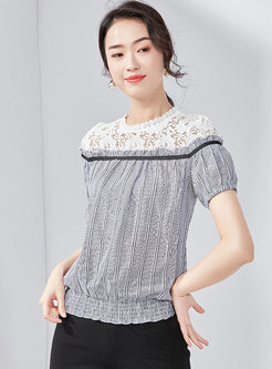 Striped Lace Splicing Loose T-shirt