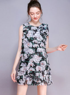 Fashion Print O-neck Sleeveless Mini Dress